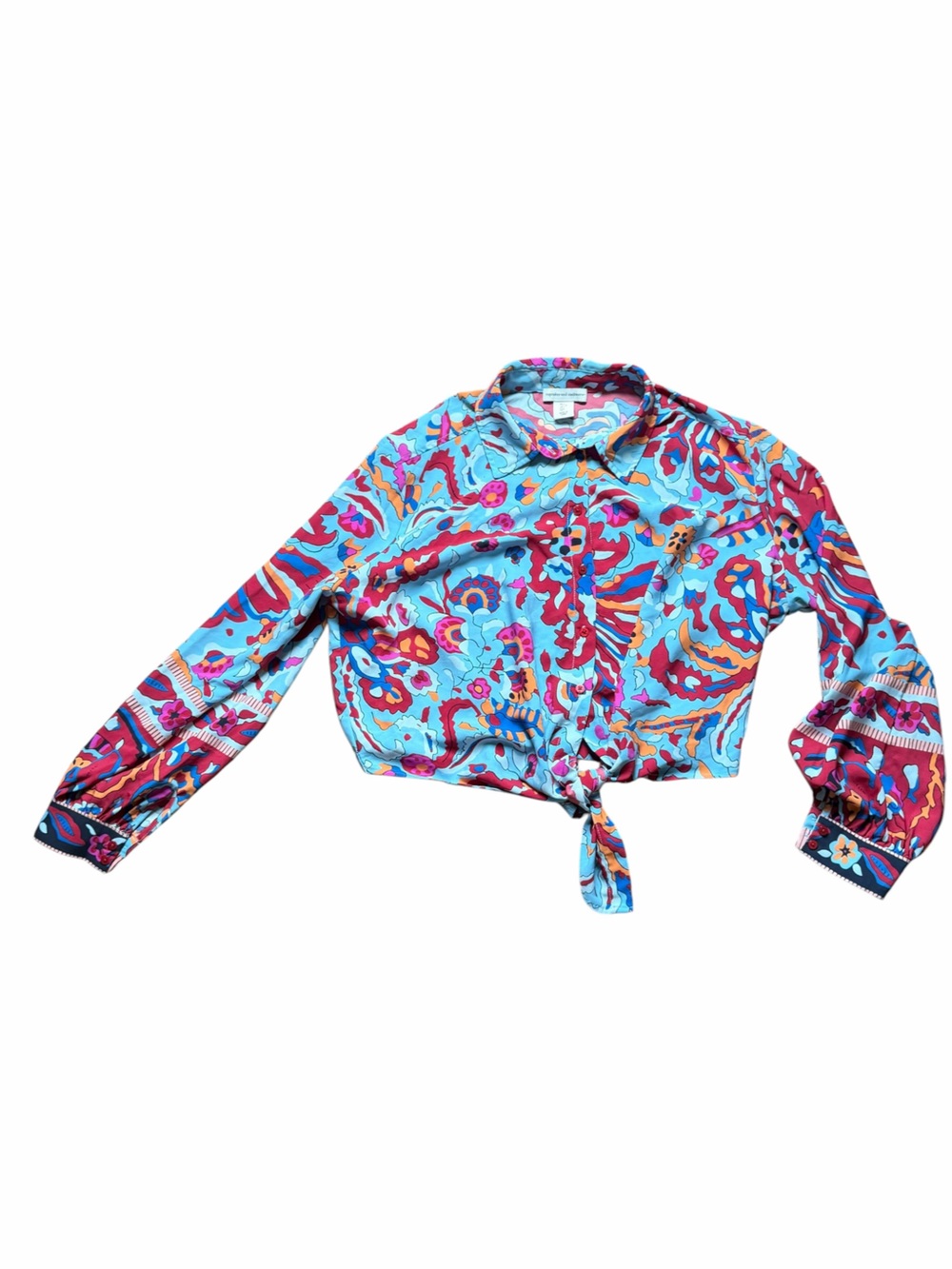 cupcakes & cashmere fuschia blue Paisley Tie-Front Button-Down Shirt large